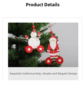 Detail of wooden Santa and Snowman ornaments with red wheels on a Christmas tree branch