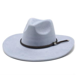 Lavender faux suede wide brim fedora hat with braided band and silver skull buckle
