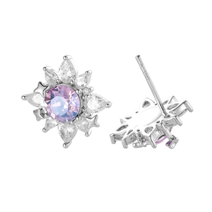 S925 sterling silver flower earrings with purple zircon and white crystal accents