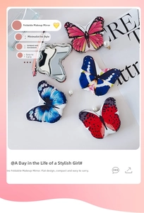Close-up of portable butterfly folding makeup mirrors in multiple colors and patterns
