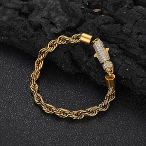 Stainless Steel Rope Chain Bracelet Iced Out Cubic Zirconia Buckle Hip Hop Style Unisex Twist Link Jewelry
