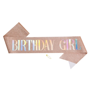 Rose gold glitter birthday girl sash with sparkling texture and golden safety pin