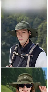 Detail of army green outdoor sun hat showing breathable mesh and adjustable wind cord