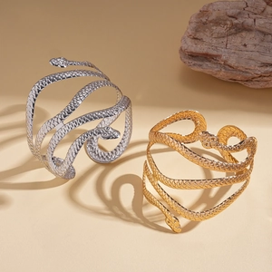 Metallic double-headed snake open arm cuff bracelets with detailed scale textures