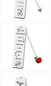 Three metal bookmark designs with chain pendants and teacher appreciation engravings