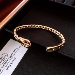 Detailed macro of 18K gold-plated hollow chain bangle with belt buckle detail in box