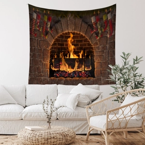 Cozy Christmas fireplace tapestry with stockings hanging in a modern living room
