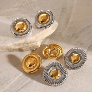 Polished and textured stainless steel round stud earrings in gold and silver finish