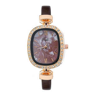Elegant rose gold oval watch with crystal bezel and brown leather strap on white background