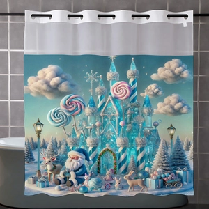 Detail of Christmas shower curtain featuring Santa, reindeer and a blue ice castle
