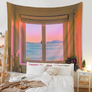 Detail of bohemian tapestry featuring a realistic sunset window view on polyester fabric