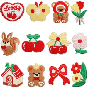Cartoon Bear Squirrel Cherry Embroidery Patches Polyester Fabric Applique For Clothing Bag DIY Decoration Heart Ribbon Tulip