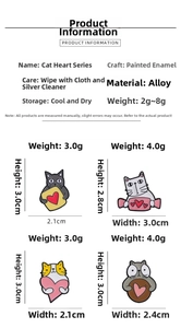 Detailed chart showing cat enamel pin dimensions and weight specifications in cm and grams