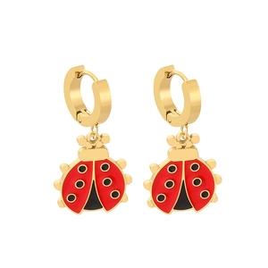 Gold-plated stainless steel hoop earrings featuring red and black ladybug charms