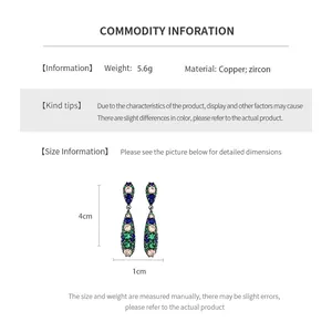 Detailed size specifications of zircon drop earrings showing 4cm height and 1cm width