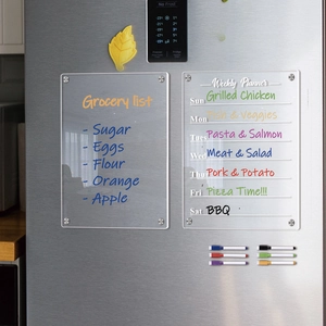 Magnetic acrylic weekly planner and grocery list set on fridge with colorful markers