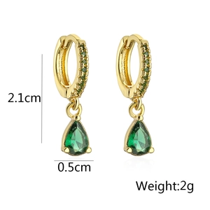 Detail view of 18K gold plated hoop earrings with green teardrop zircon pendants and dimensions