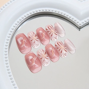 Faux Ongles à Coller Roses Fait à la Main Effet Œil de Chat Avec Motifs Cœur et Feux d'Artifice Plastique ABS Réutilisables Courts Ballerine pour Femmes
