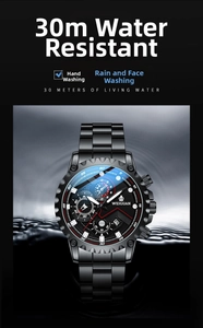 Detail of multi-functional black steel watch dial with 30M waterproof feature