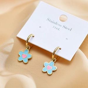 Sweet 316L stainless steel gold hoop earrings with blue flower and pink heart pendants