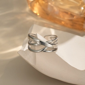 Minimalist silver multilayer crisscross open ring with adjustable stainless steel band