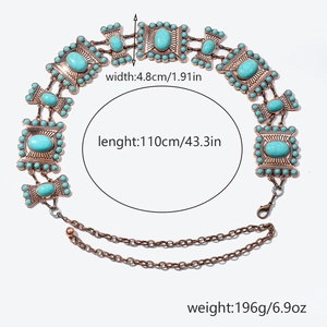 Detail view of turquoise bohemian waist chain with metal links and size specifications