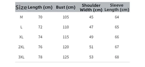 Detailed size chart for men's hooded cardigan with measurements in centimeters