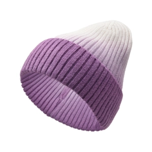 Detail of rib-knit texture on a purple to white ombre winter beanie for women