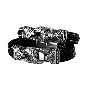 Retro Viking style braided leather bracelets with engraved silver metal totem clasps