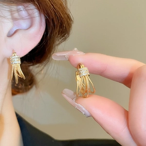 Vintage French gold-plated multilayer earrings with zircon tassels and geometric metal design