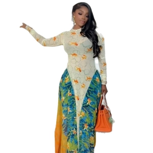 High neck long sleeve slim fit A-line maxi dress with multicolor fish print pattern