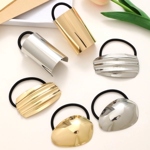Set of 6 gold and silver high-shine geometric metal hair ties with elastic bands
