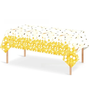 Waterproof rectangular tablecloth featuring yellow honeybees, daisy flowers, and honeycomb patterns