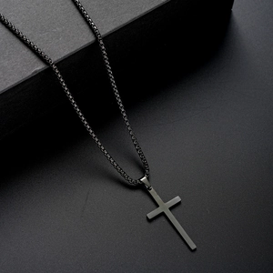 Cool hip hop black stainless steel cross pendant necklace with box chain for men