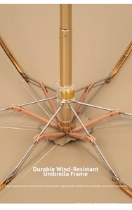 Detailed close-up of golden metal umbrella ribs and multi-stage folding structure
