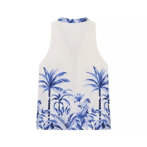 Women tropical white sleeveless top with blue palm trees and parrot print design