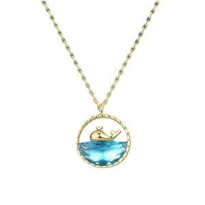 Minimalist titanium steel whale pendant necklace with blue resin ocean design