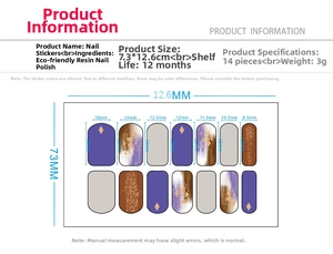 Size guide for laser 3D nail stickers showing 14 patches with detailed width dimensions