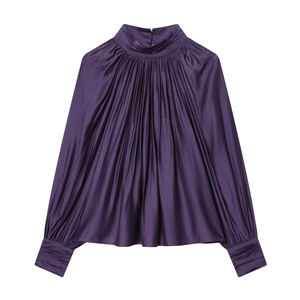 Elegant deep purple satin long-sleeve blouse with pleated high neck and silky finish