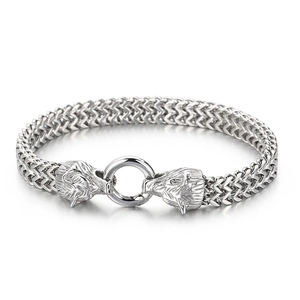 Men's hip hop silver double wolf head stainless steel braided link chain bracelet