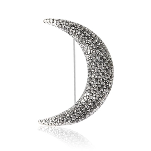 Elegant silver crescent moon brooch with black crystals on white background