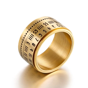 Gold rotatable titanium steel ring with engraved Arabic and Roman numerals for men