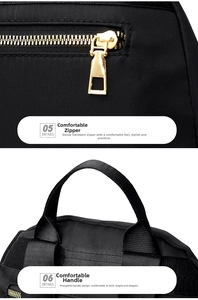 Detail of waterproof Oxford cloth backpack with golden metal zipper and durable handle