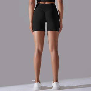 Back view of seamless high-waist black sports shorts for yoga and fitness workout