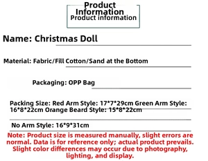 Detailed material and size chart for Christmas faceless gnome plush dolls with sand base