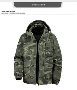 Detail of hooded camouflage jacket with drawstring, zipper chest pocket and elastic cuffs
