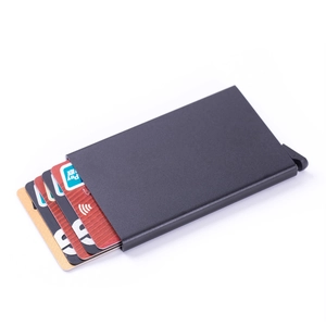 Black aluminum RFID blocking wallet with automatic pop-up mechanism and matte finish