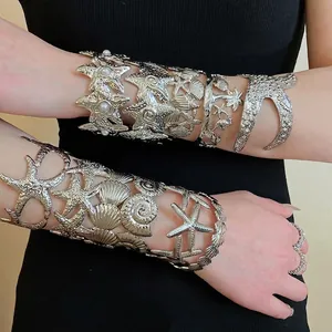 Silver wrinkled starfish cuff bracelet and ring set with ocean seashell elements