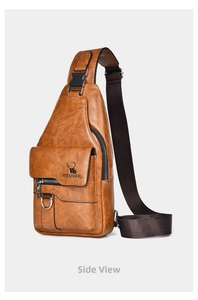 Detail view of brown faux leather crossbody chest bag with deer logo and zipper pockets