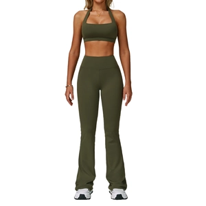 Cloud-feel backless yoga set featuring dark green halter neck top and flared pants